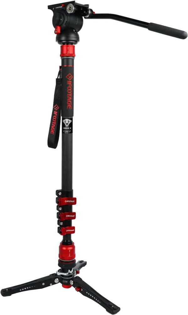 IFOOTAGE Cobra 3 Monopod with Fluid Head C180F-P + K5S, 71" Travel Monopod Kit for Cameras Canon Nikon Sony Olympus Panasonic DSLR Camera, Carbon Fiber Monopod with Feet, Payload 17.64Lbs/8KG