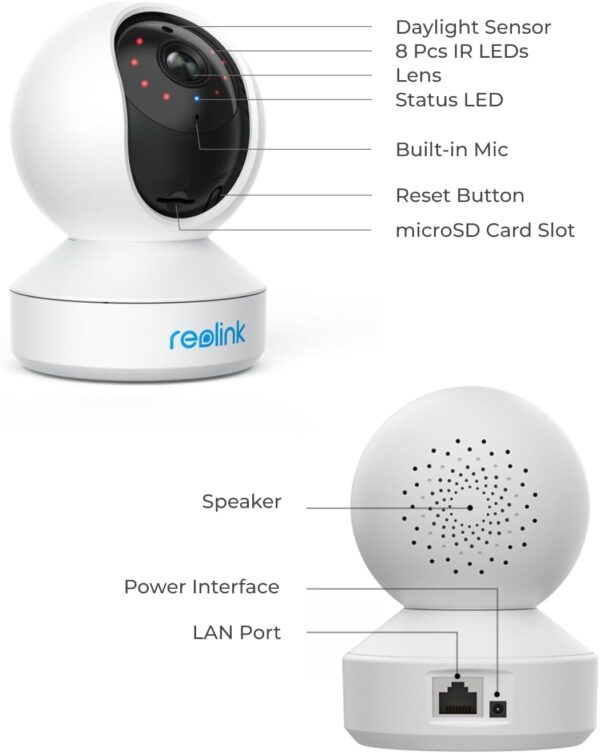 REOLINK Home Security Camera System, 3MP HD Plug-in Indoor WiFi Pan Tilt Pet Camera, Baby Monitor, Night Vision, 2 Way Talk, Smart Human/Pet Detection, Local microSD Card Storage, E1(2 Pack)