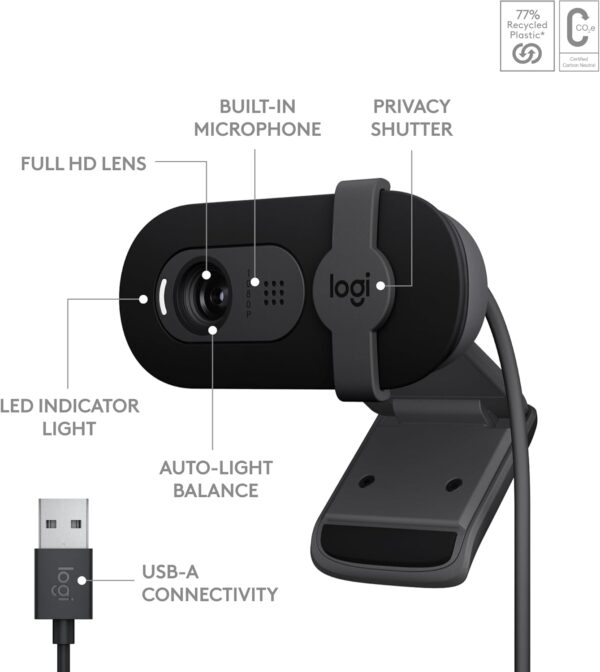 Logitech Brio 101 Full HD 1080p Webcam Made for Meetings and Works for Streaming — Auto-Light Balance, Built-in Mic, Privacy Shutter, USB-A, for Microsoft Teams, Google Meet, Zoom, and More - Black