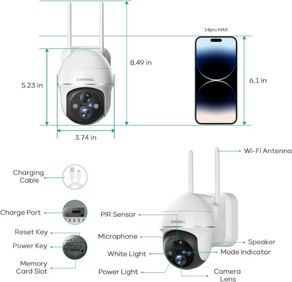 ZUMIMALL Security Cameras Wireless Outdoor WiFi with 360° PTZ, 2K Battery Cameras for Home Security Outdoor, Spotlight & Siren, 3MP Color Night Vision/2-Way Talk/IP66/Cloud/Alexa/PIR/AI