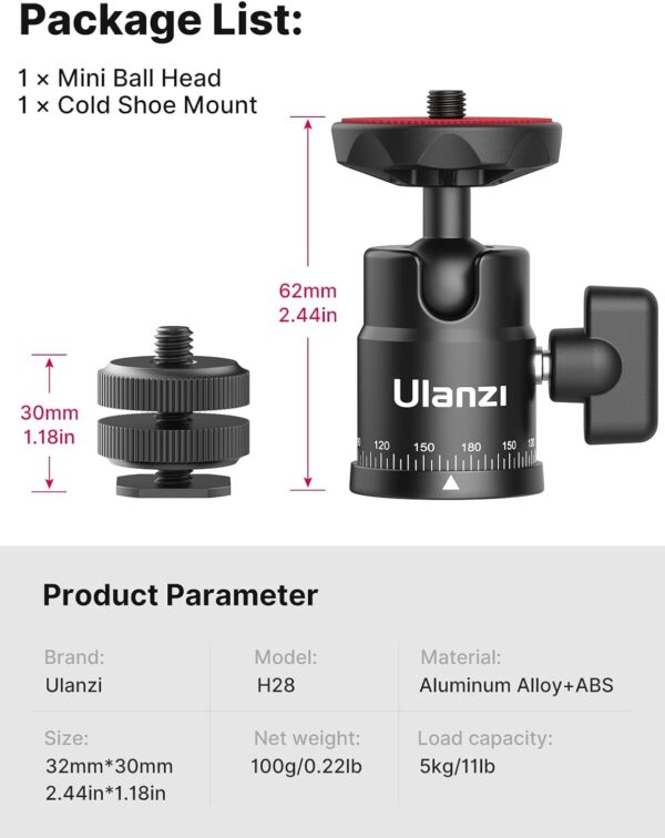 Mini Ball Head, ULANZI H28 Panoramic Tripod Head + Dual Hot Shoe Mount DSLR Camera Mount Adapter Photograph Attachment Accessories for Action Cameras Cam Smartphone Light Microphone Loading 5.5lb