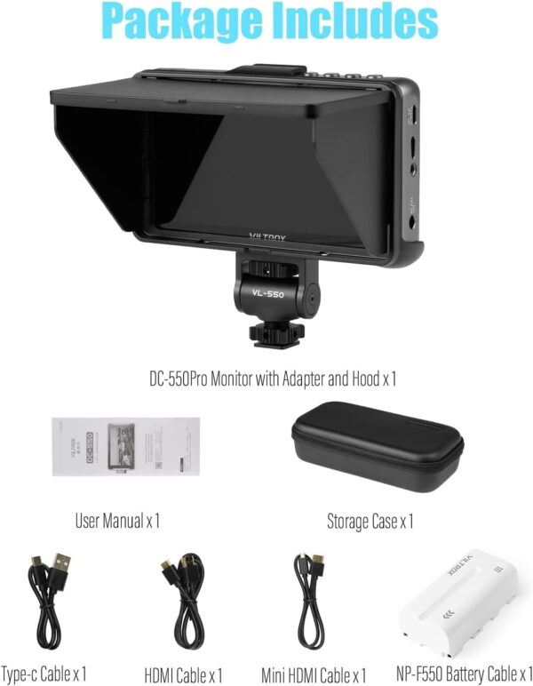 VILTROX DC550 Pro 5.5" Camera Field Monitor Touch Screen, 4K HDMI DSLR Video External Monitor for Sony Canon Nikon, Sunshade Hood,Battery,Storage Bag 1200nit,3DLUT,Focus Peaking,Histogram,False Colors