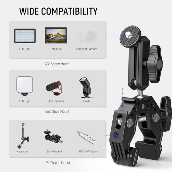 NEEWER Super Clamp with 3" Dual Ballhead Magic Arm, Cold Shoe, 1/4" Threads, Phone/Action Camera Mount Adapter for Desk Tripod Tube Crossbar Gimbal Rods Compatible with SmallRig GoPro DJI, ST83