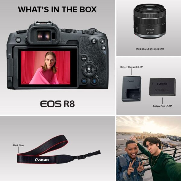 Canon EOS R8 Mirrorless Camera RF24-50mm F4.5-6.3 is STM Lens Kit, Full-Frame Hybrid Camera, 24.2 Megapixel CMOS Image Sensor, 4K Video, Content Creator Vlogging Camera, Black