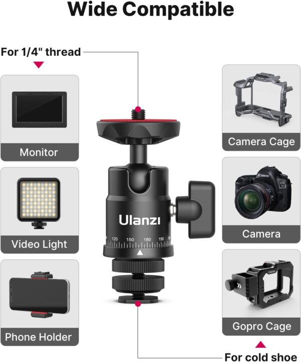 Mini Ball Head, ULANZI H28 Panoramic Tripod Head + Dual Hot Shoe Mount DSLR Camera Mount Adapter Photograph Attachment Accessories for Action Cameras Cam Smartphone Light Microphone Loading 5.5lb