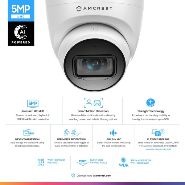 Amcrest 5MP Turret POE Camera, UltraHD Outdoor IP Camera POE with Mic/Audio, 5-Megapixel Security Surveillance Cameras, 98ft NightVision, 132° FOV, MicroSD (256GB), (IP5M-T1179EW-AI-V3)