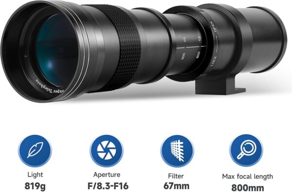JINTU Telephoto Lens 420-1600mm f/8.3 Zoom SLR Camera Lens for Canon T7i T6 T6i T6s T7 T8i T3i, T4i, T5, T5i, SL2, SL1 4000D 2000D 80D 90D 5D III 6D 7D II 60D 70D 250D 750D 760D 1200D 1300D 2000D