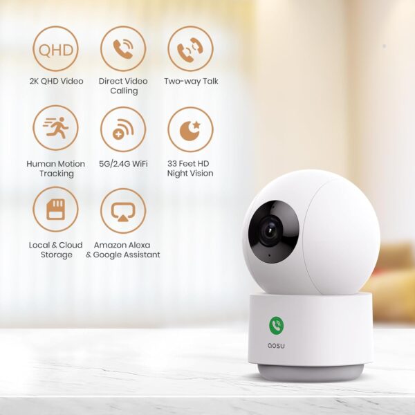 AOSU 2K Security Camera Indoor, Baby Monitor Pet Camera 360-Degree for Home Security,Camera with 5/2.4 GHz Wi-Fi Router, One-Touch Call, Smart Motion Tracking, IR Night Vision, Compatible with Alexa