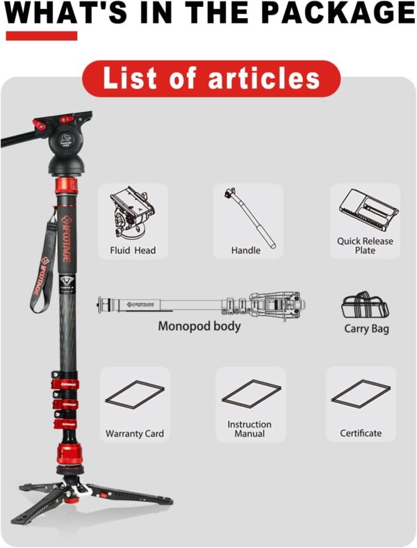 IFOOTAGE Cobra 3 Monopod with Fluid Head C180F-P + K5S, 71" Travel Monopod Kit for Cameras Canon Nikon Sony Olympus Panasonic DSLR Camera, Carbon Fiber Monopod with Feet, Payload 17.64Lbs/8KG