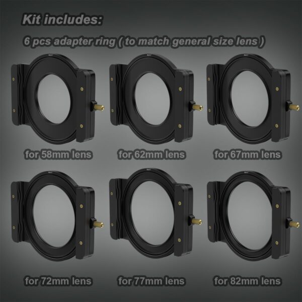 SIOTI Camera Square Filter Holder System Photography + 6*Adapter Ring (58/62/67/72/77/82mm), for 100 * 100mm or 100 * 150mm ND/GND, Compatiable with General Brand Camera