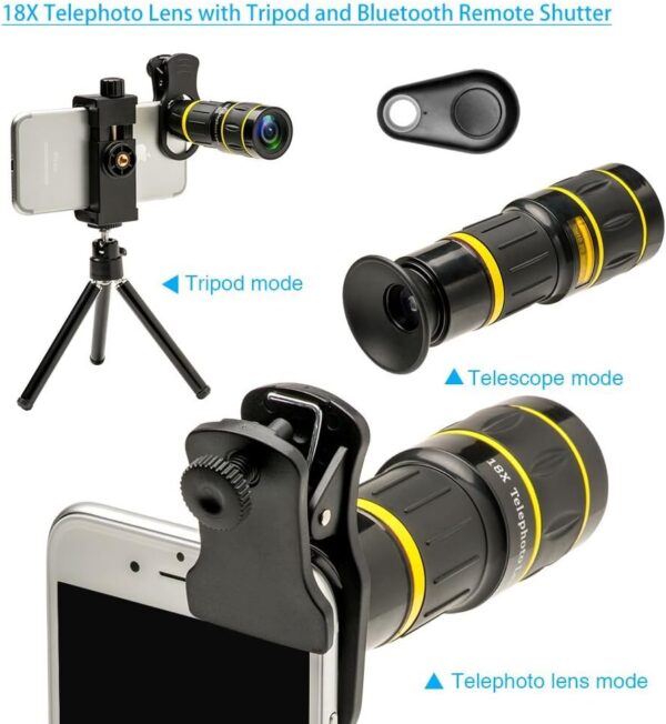 Godefa Cell Phone Camera Lens with Tripod+ Shutter Remote,6 in 1 18x Telephoto Zoom Lens/Wide Angle/Macro/Fisheye/Kaleidoscope/CPL, Clip-On lense Compatible for iPhone X 8 7 6s Plus, Samsung and More