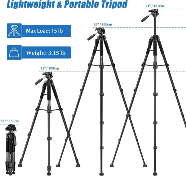 JOILCAN Tripod Camera Tripods, 74" Tripod for Camera Phone Video Recording, Heavy Duty Camera Tripod Stand, Professional Travel DSLR Tripods Compatible with Canon iPhone, Max Load 15 LB