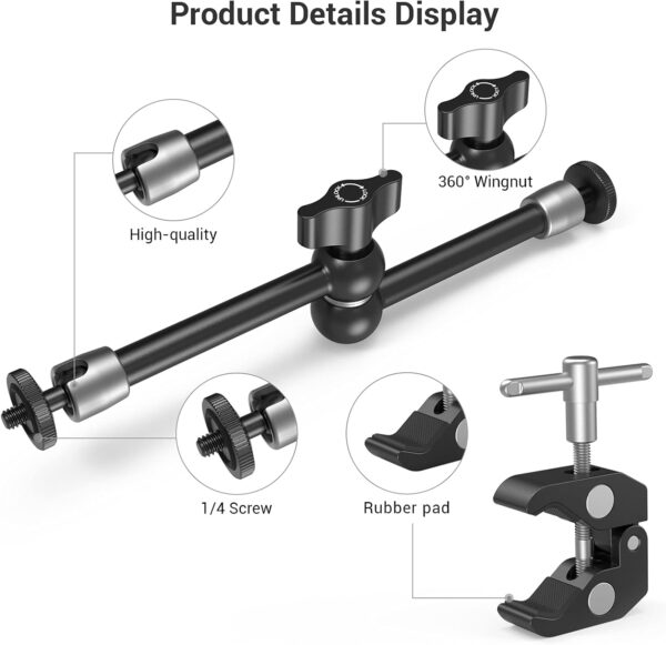 SMALLRIG Clamp w/ 1/4" and 3/8" Thread and 9.8 Inches Adjustable Friction Power Articulating Magic Arm with 1/4" Thread Screw for LCD Monitor/LED Lights - KBUM2732B
