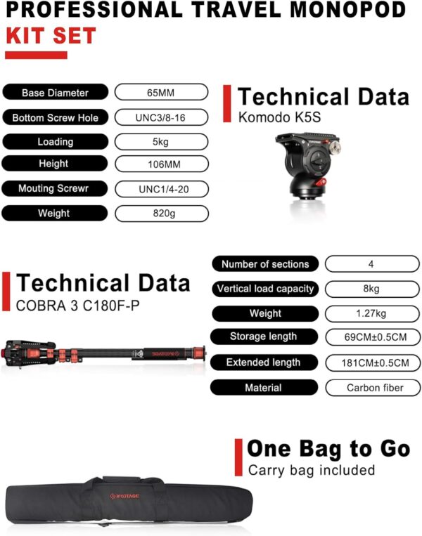IFOOTAGE Cobra 3 Monopod with Fluid Head C180F-P + K5S, 71" Travel Monopod Kit for Cameras Canon Nikon Sony Olympus Panasonic DSLR Camera, Carbon Fiber Monopod with Feet, Payload 17.64Lbs/8KG