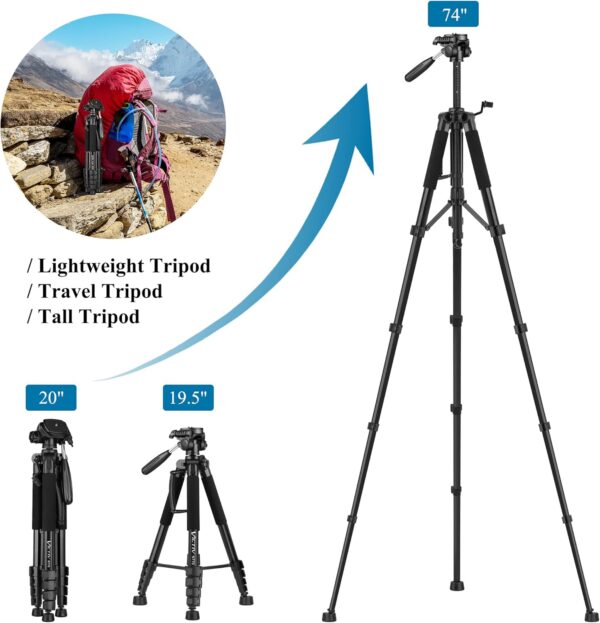 VICTIV 74” Camera Tripod, Tripod for Camera and Phone, Aluminum Heavy Duty Tripod Stand for Canon Nikon with Carry Bag and Phone Holder, Compatible with DSLR, iPhone, Spotting Scopes, Max Load 15 Lb