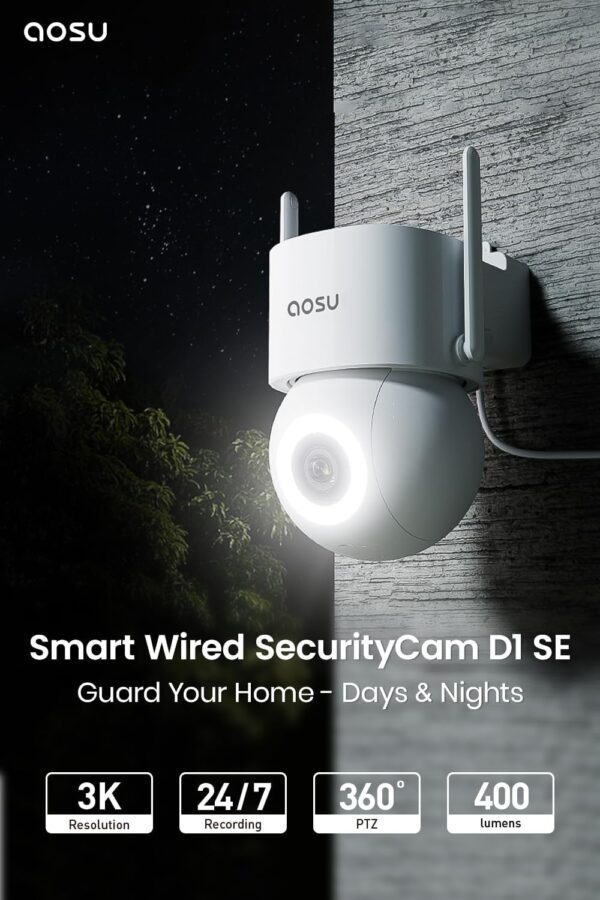 AOSU 2 Pack Wired Security Camera Outdoor - 3K Smart 24/7 Recording WiFi Camera for Home Security w/Sound Light Alerts, 360° View, Auto-Tracking, Camara de Seguridad para Casa (2.4Ghz WiFi Only)