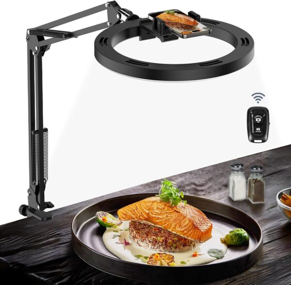 Overhead Camera Mount with Selfie Ring Light and Phone Holder, 10" LED Ring Light for Desk with Stand and Remote for iPhone,Phone Tripod with Light for Video Recording Vlog TikTok Live Stream Cooking