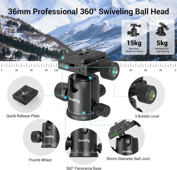 SmallRig CT-20 Camera Tripod, 78.7" Foldable Aluminum Tripod & Monopod, 360°Ball Head Detachable, Payload 33lb (200cm/78.7")