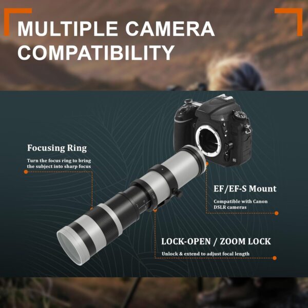 420-800mm Telephoto Lens for Canon - EF Lens for Canon DSLR, Manual Focus MF Zoom Lens for Canon EOS Rebel SL3 SL2 SL1 T8i T7i T7 T6 4000D 1500D 90D 80D 77D 70D 60D 7D 6D 5D 1D DSLR Cameras