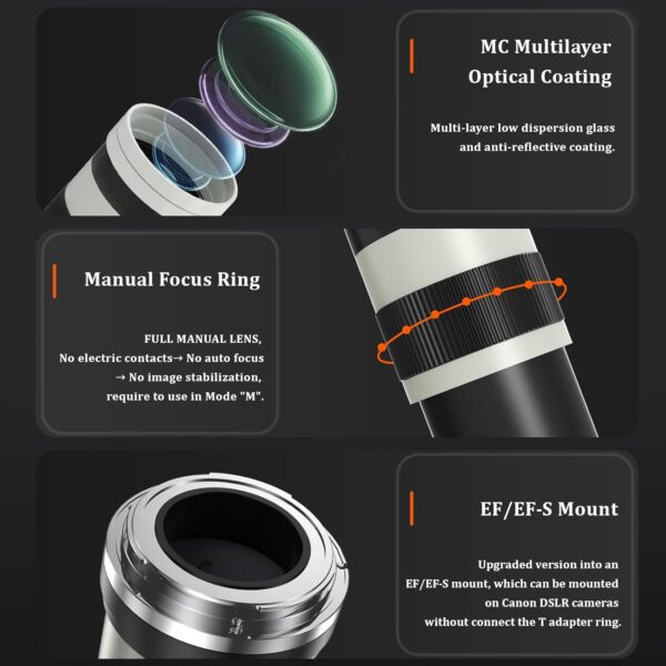 420-800mm Telephoto Lens for Canon - EF Lens for Canon DSLR, Manual Focus MF Zoom Lens for Canon EOS Rebel SL3 SL2 SL1 T8i T7i T7 T6 4000D 1500D 90D 80D 77D 70D 60D 7D 6D 5D 1D DSLR Cameras