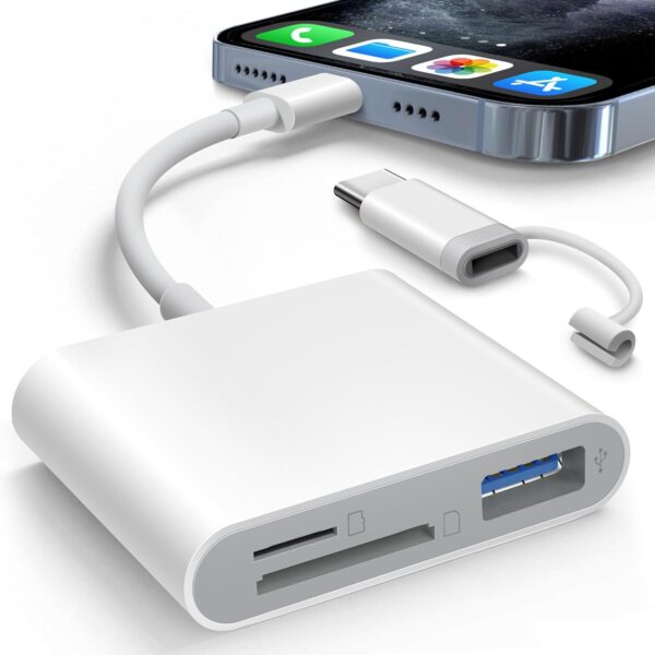 SD Card Reader for iPhone iPad Built-in Dual Connector Card Adapter with SD MicroSD USB-A 3 Slots Trail Camera Memory Card Viewer, Portable No App Required Plug and Play