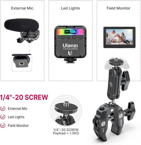 ULANZI Super Clamp Camera Clamp Mount Monitor 360° Ballhead Magic Arm Double Ball Head Adapter with 1/4"-20 & 3/8"-16 Thread for Canon Nikon DSLR Camera/Gopro/LED Lights/Ronin-M/Ronin MX/Freefly MOVI