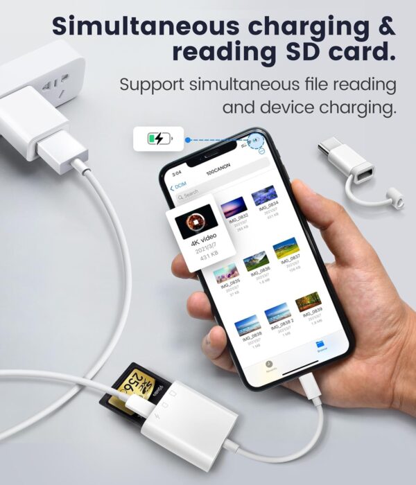 SD Card Reader for iPhone iPad, Oyuiasle Digital Trail Camera SD Card Viewer with Dual Slot for MicroSD/SD, Lightening&USBC Dual-Connector Memory Card Adapter for Photography, Plug and Play