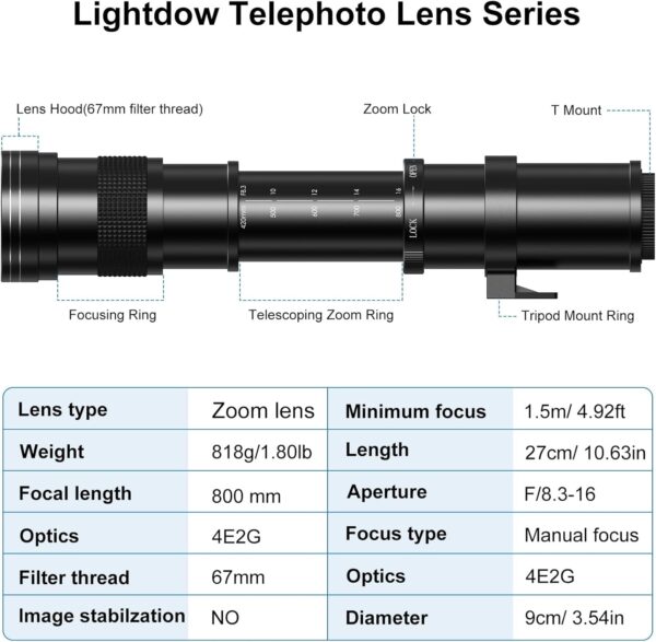 EF/EF-S 420-800mm F/8.3 Telephoto Zoom Lens - Manual DSLR Cameras Lenses+ T-Mount for Canon EOS Rebel T8i/T7i/T7/T6s/T6i/T6/T5i/T5/T4i/T3i/T3/T2i/T1i/250D/750D/760D/1200D/1300D/2000D/4000D/6D/5D