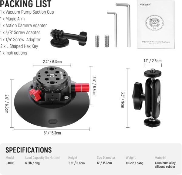NEEWER 6"/15.2cm Camera Suction Cup Mount with Ball Head Magic Arm, Metal Suction Cup Mount on Car Windshield Dash for Camera/Action Camera/Phone Holder, with 1/4" & 3/8" Mounting Holes for ARRI