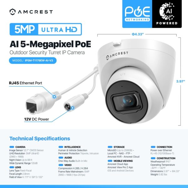 Amcrest 5MP Turret POE Camera, UltraHD Outdoor IP Camera POE with Mic/Audio, 5-Megapixel Security Surveillance Cameras, 98ft NightVision, 132° FOV, MicroSD (256GB), (IP5M-T1179EW-AI-V3)