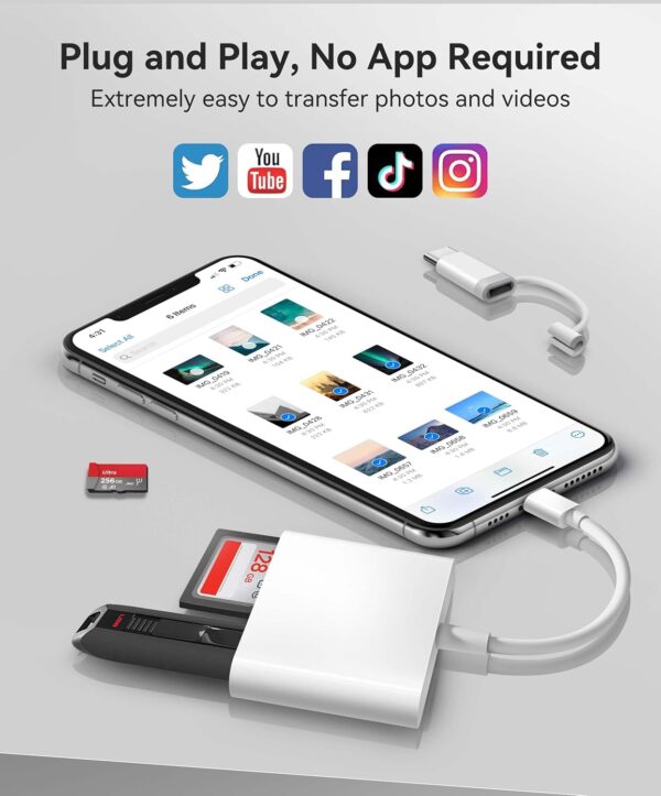 SD Card Reader for iPhone iPad Built-in Dual Connector Card Adapter with SD MicroSD USB-A 3 Slots Trail Camera Memory Card Viewer, Portable No App Required Plug and Play