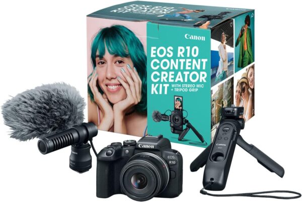 Canon EOS R10 Content Creator Kit, Mirrorless Vlogging Camera with RF-S18-45mm F4.5-6.3 is STM Lens, Tripod and Stereo Microphone, 24.2 Megapixel CMOS (APS-C) Sensor, 4K Video, Black