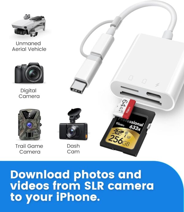 SD Card Reader for iPhone iPad, Oyuiasle Digital Trail Camera SD Card Viewer with Dual Slot for MicroSD/SD, Lightening&USBC Dual-Connector Memory Card Adapter for Photography, Plug and Play