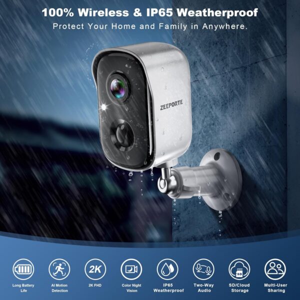 Security Cameras Wireless Outdoor, 2K Battery Powered WiFi Cameras for Home Security with AI Motion Detection, Color Night Vision, Spotlight, Siren, Waterproof, SD/Cloud Storage