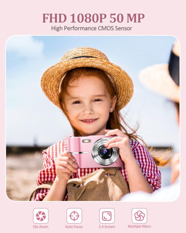 Upgrade Digital Camera,Autofocus 50MP FHD 1080P Camera with 16x Zoom Anti Shake,Compact Camera for Kid Student Children Teen Girl Boy,Kids Camera with 32GB SD Card,2 Batteries