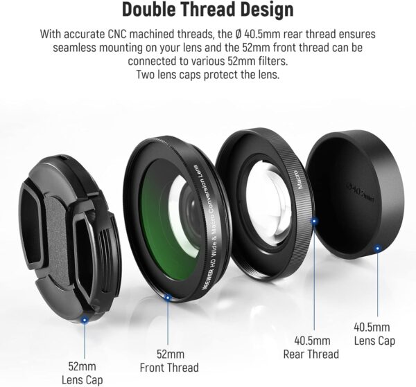 NEEWER 40.5mm HD Wide Angle Lens Compatible with Sony ZV-1F ZV-E10 A5000 A6000, 2 in 1 18mm Wide Angle & 10x Macro Additional Lens with Extension Tube, Bayonet Mount Lens Adapter (LS-30, Black)