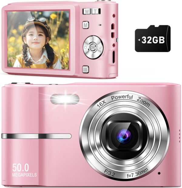 Upgrade Digital Camera,Autofocus 50MP FHD 1080P Camera with 16x Zoom Anti Shake,Compact Camera for Kid Student Children Teen Girl Boy,Kids Camera with 32GB SD Card,2 Batteries
