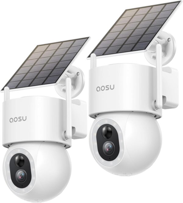 AOSU Solar Security Cameras Wireless Outdoor - 3K 5MP Home Security Camera, 360° Panoramic View, 400-Lumen Floodlight Camera, Color Night Vision, WiFi Camera, Auto Tracking, AI Human Detection(2 Pack)