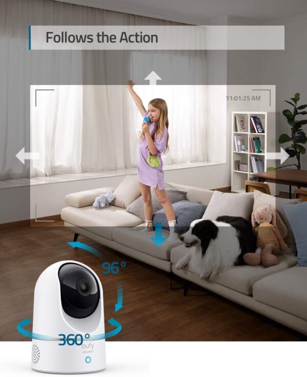 eufy Security Indoor Cam E220, Camera for home Security, Pan & Tilt, Dog/Pet Camera, 2K Wi-Fi Plug-in, Motion Tracking, Motion Only Alerts, Night Vision, HomeBase 3 Compatible, Voice Assistant Support