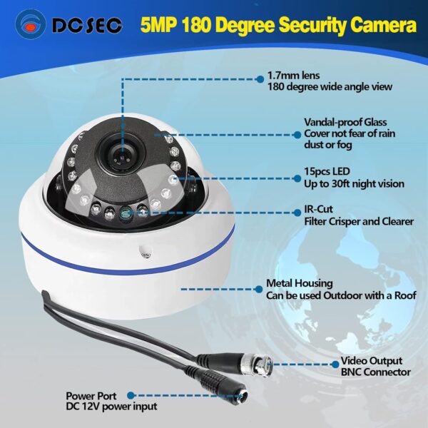 5MP 4MP 180 Degree Wide Angle Dome Security Camera HD-TVI/CVI/AHD/960H Analog 4 in 1 Super Hybrid HD CCTV Surveillance 1.7mm Fisheye Lens Outdoor/Indoor IR Day&Night Vision Home Cam
