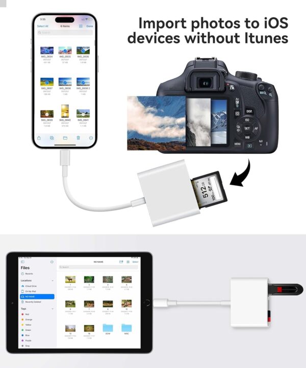 SD Card Reader for iPhone iPad Built-in Dual Connector Card Adapter with SD MicroSD USB-A 3 Slots Trail Camera Memory Card Viewer, Portable No App Required Plug and Play