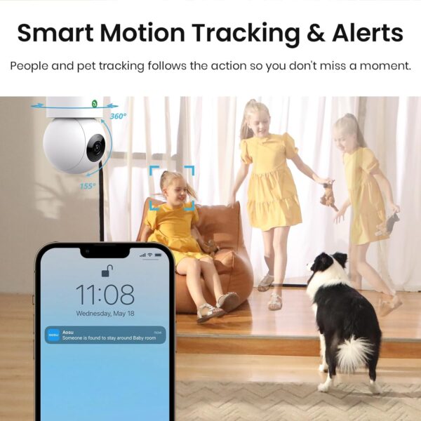 AOSU 2K Security Camera Indoor, Baby Monitor Pet Camera 360-Degree for Home Security,Camera with 5/2.4 GHz Wi-Fi Router, One-Touch Call, Smart Motion Tracking, IR Night Vision, Compatible with Alexa