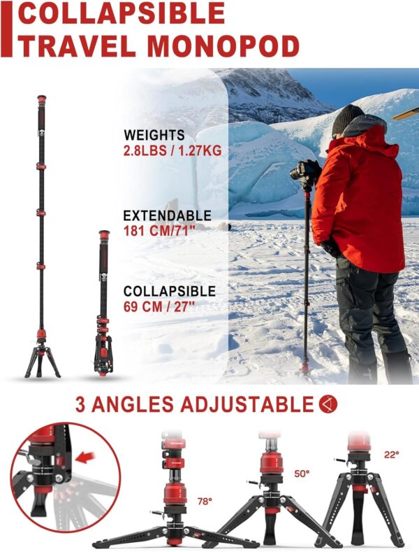 IFOOTAGE Cobra 3 Monopod with Fluid Head C180F-P + K5S, 71" Travel Monopod Kit for Cameras Canon Nikon Sony Olympus Panasonic DSLR Camera, Carbon Fiber Monopod with Feet, Payload 17.64Lbs/8KG