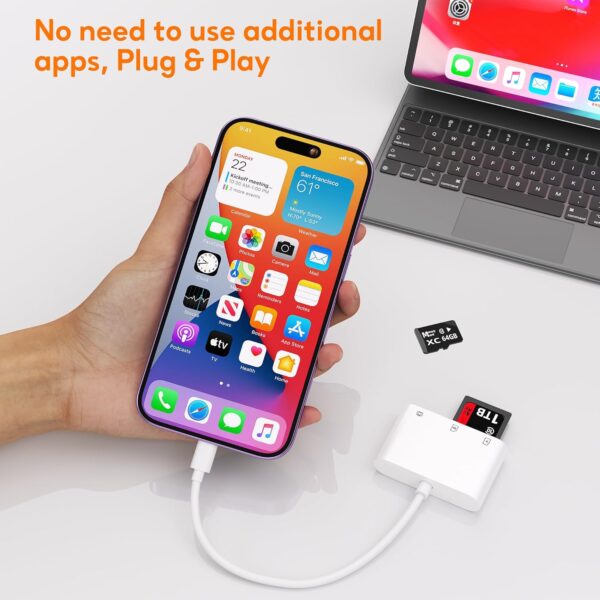 SD Card Reader for iPhone iPad, USB Camera Adapter Plug Digital Trail Camera SD Card Viewer with Dual Slot for MicroSD/SD, Memory Card Adapter for Photography No App Required