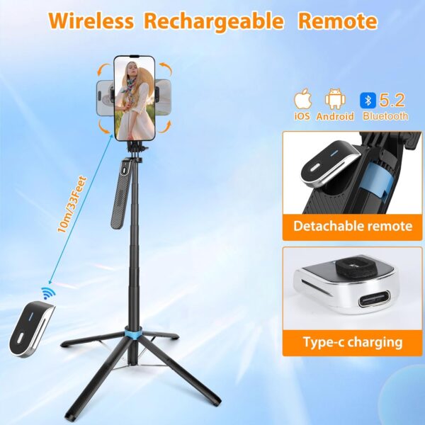 Eocean 71" Tall Selfie Stick Tripod Quadripod with Remote & with 360° Ballhead, Aluminum Alloy Extendable Cell Phone Tripod Stand, Travel Tripod Phone Holder Compatible with iPhone/Android/GoPro