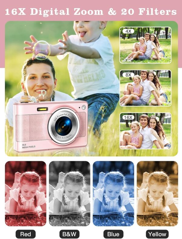 Upgrade Digital Camera, 56MP FHD 1080P Camera for Kids with 16x Zoom Anti Shake, Kid Camera with 32GB TF Card, Two Batteries, Lanyard, Compact Small Camera for Kids Boys Girls（Pink）