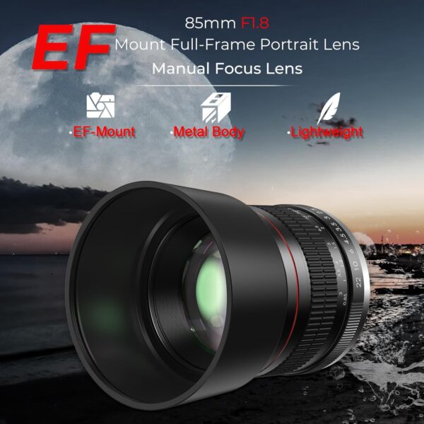 EF 85mm F1.8 Portrait Lens - Medium Telephoto Manual Focus SLR Cameras Lens for Canon EOS Rebel T Series (T8i/T7i/T7/T6/T3i/T2i/4000D/850D/SL3/SL2) & High-End DSLRs (6D Mark II/5D Mark IV/90D/80D/77D)