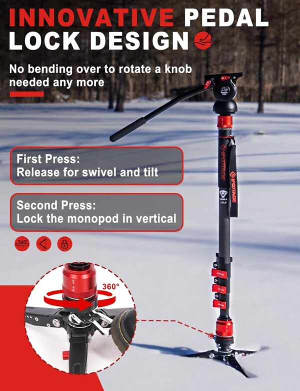 IFOOTAGE Cobra 3 Monopod with Fluid Head C180F-P + K5S, 71" Travel Monopod Kit for Cameras Canon Nikon Sony Olympus Panasonic DSLR Camera, Carbon Fiber Monopod with Feet, Payload 17.64Lbs/8KG