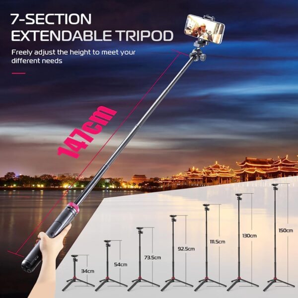 ULANZI MT-44 Extendable Phone Tripod, 59" Selfie Stick Vlog Stand with 2 in 1 Phone Clip, 360° Ball Head Camera-Tripod for iPhone Sony Canon Action Camera, Lightweight for Travel