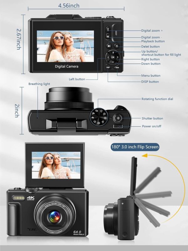 Digital Camera for Photography, 4K Vlogging Camera for YouTube 3" 180° Flip Screen 18X Digital Zoom Compact Retro Cameras with 32GB TF Card & 2 Batteries, Black